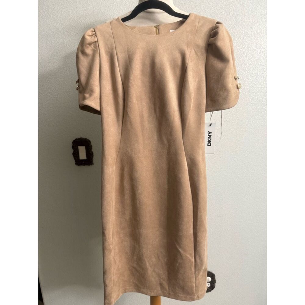 DKNY Camel Faux Suede Puff Sleeve Dress Size 4 NWT